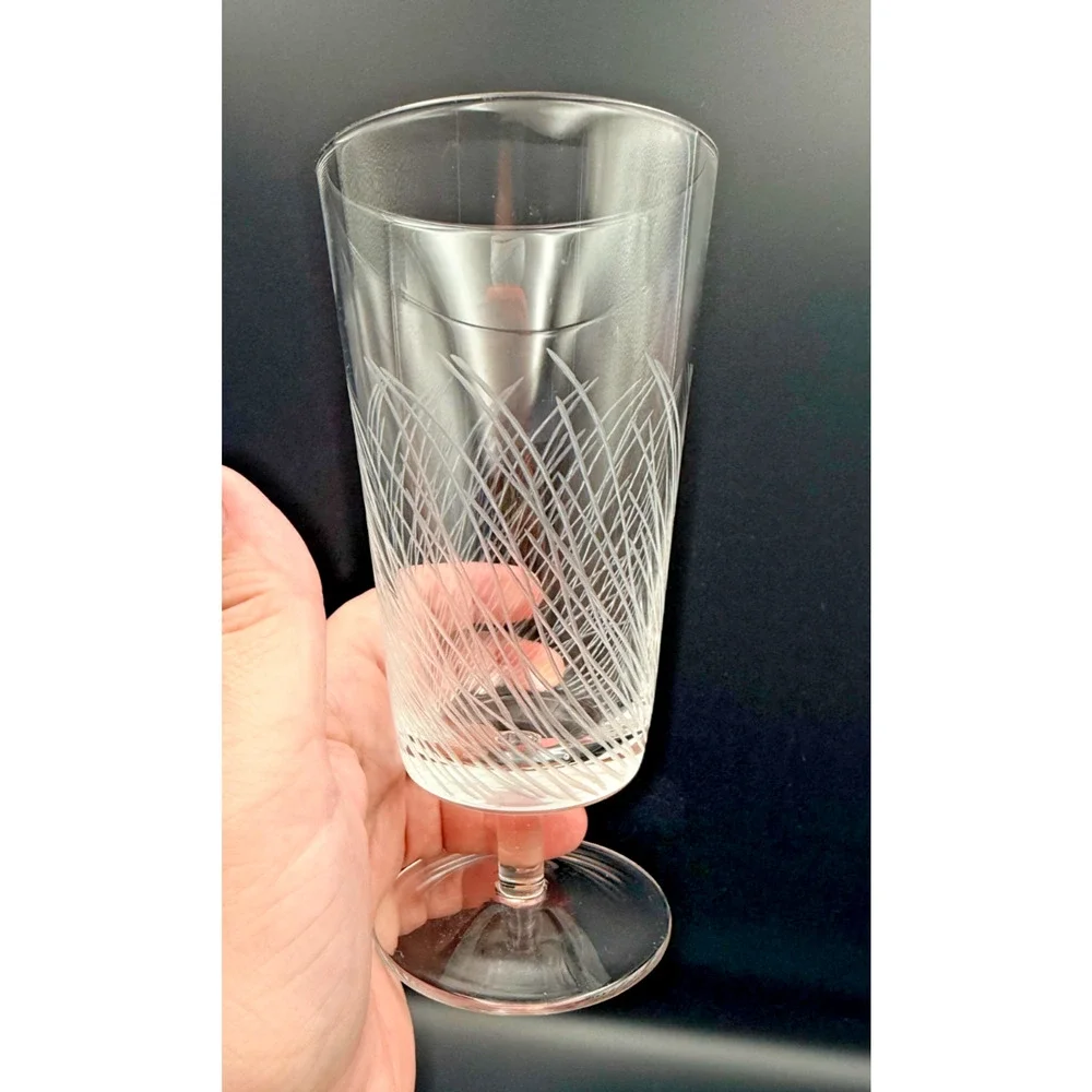 1970s Flat Bottom Short Stem Cocktail Water Glasses Hand Etched Lines Reeds Set